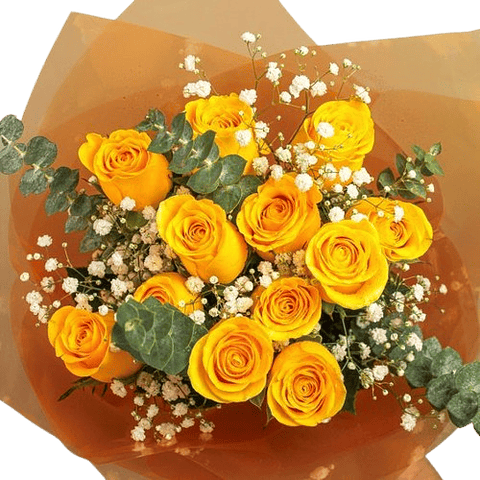 Bouquet De 12 Rosas Amarillas Con Follaje