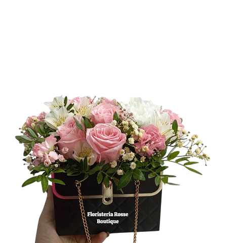 Cartera de Rosas Rosadas, Claveles y Astromelias