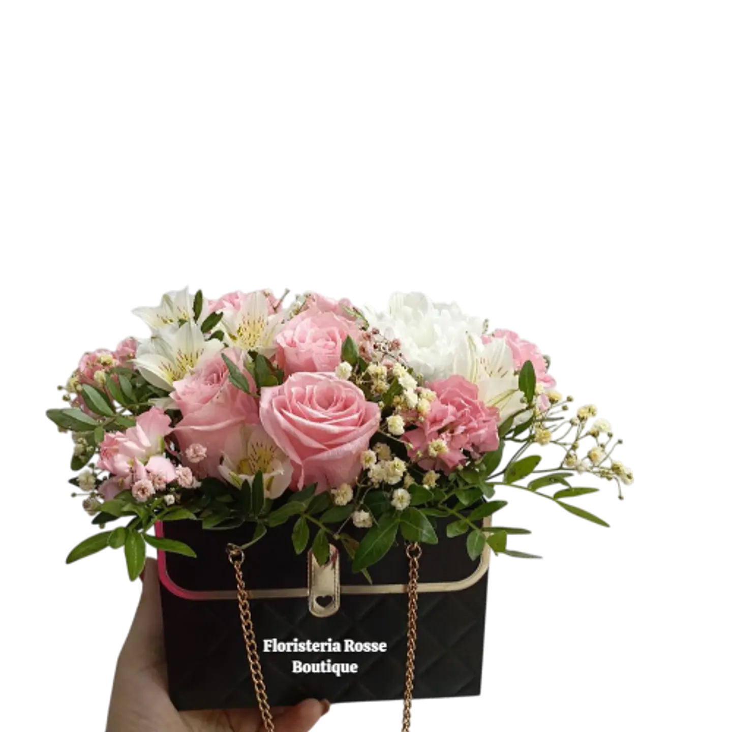 Cartera de Rosas Rosadas, Claveles y Astromelias 1