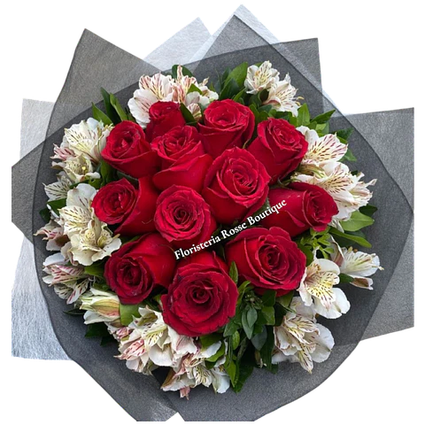 Bouquet de 12 Rosas Rojas y Astromelia