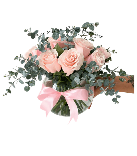Jarrón Pecera de 12 Rosas Rosadas y Eucalipto