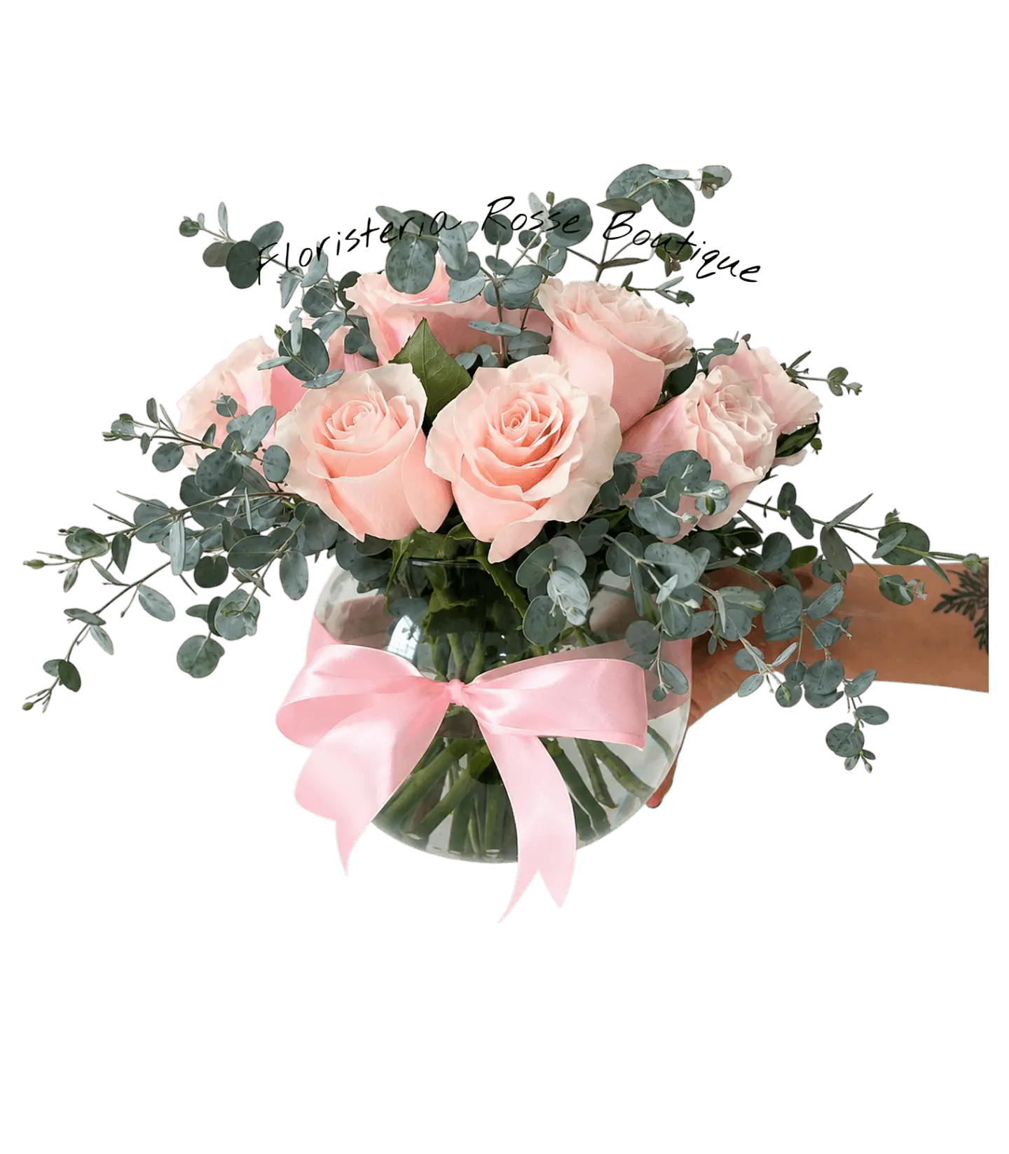 Jarrón Pecera de 12 Rosas Rosadas y Eucalipto 1