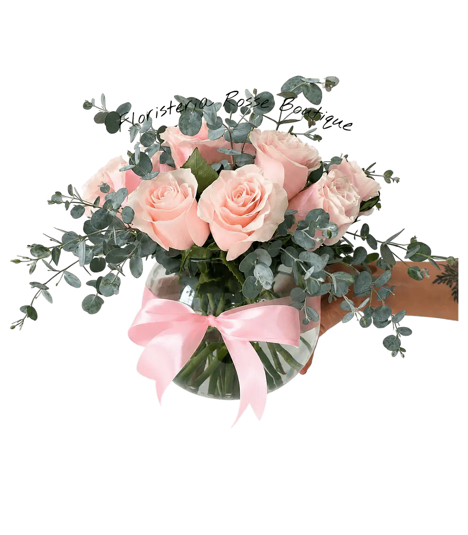 Jarrón Pecera de 12 Rosas Rosadas y Eucalipto 1