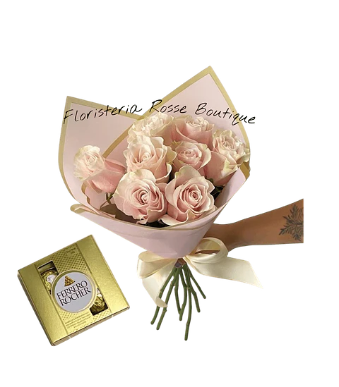 Bouquet de 8 Rosas Rosadas y Chocolates Ferrero