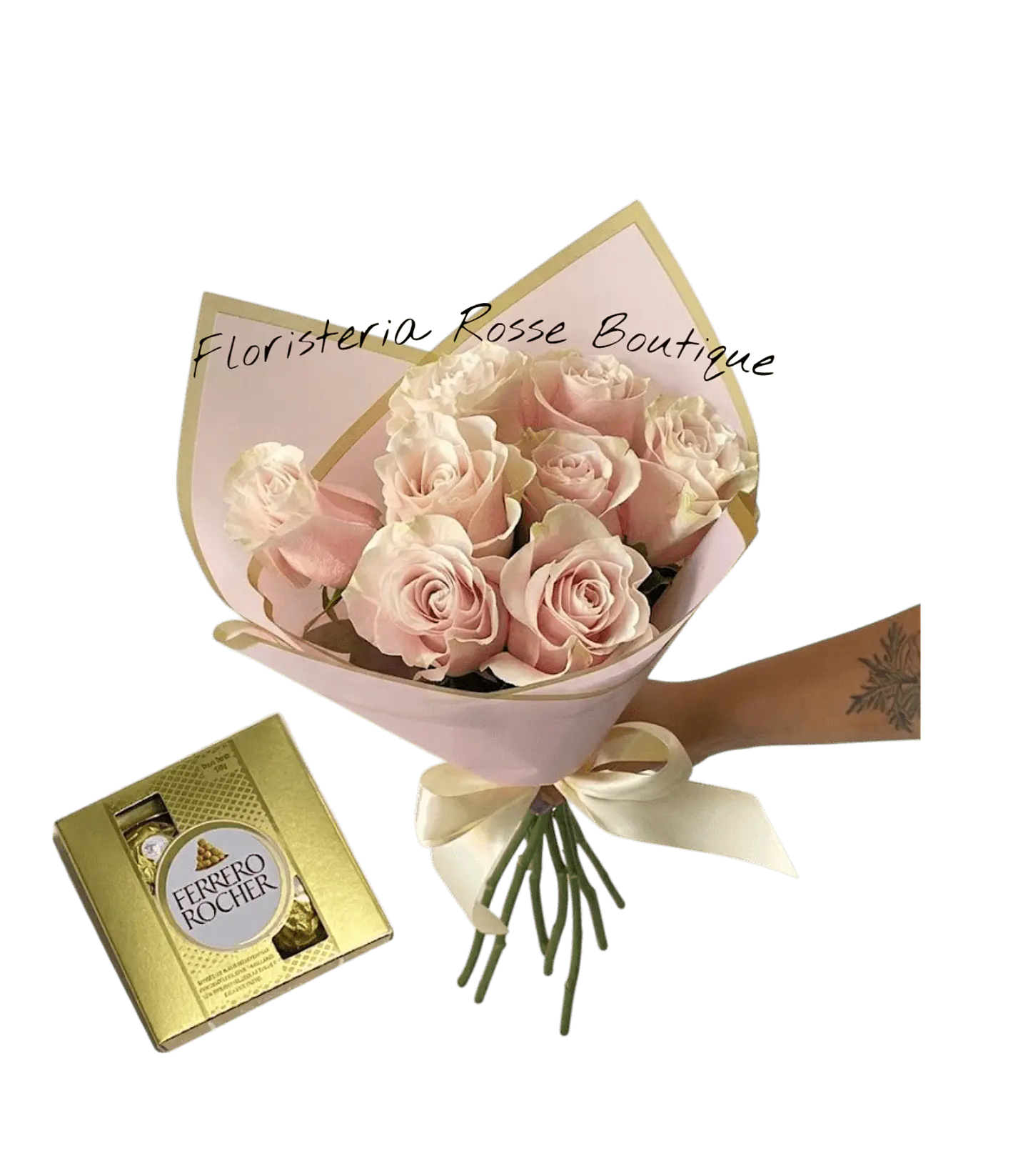 Bouquet de 8 Rosas Rosadas y Chocolates Ferrero 1