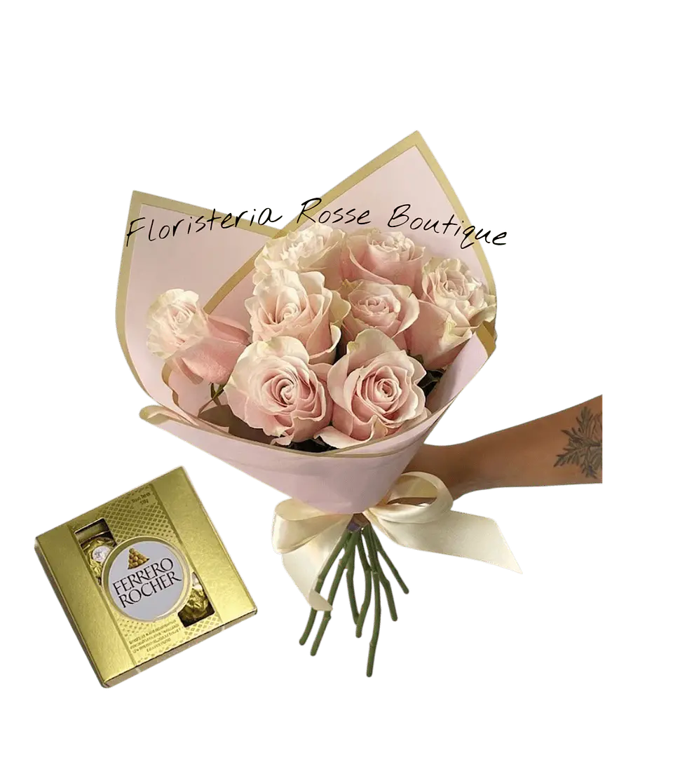 Bouquet de 8 Rosas Rosadas y Chocolates Ferrero 1
