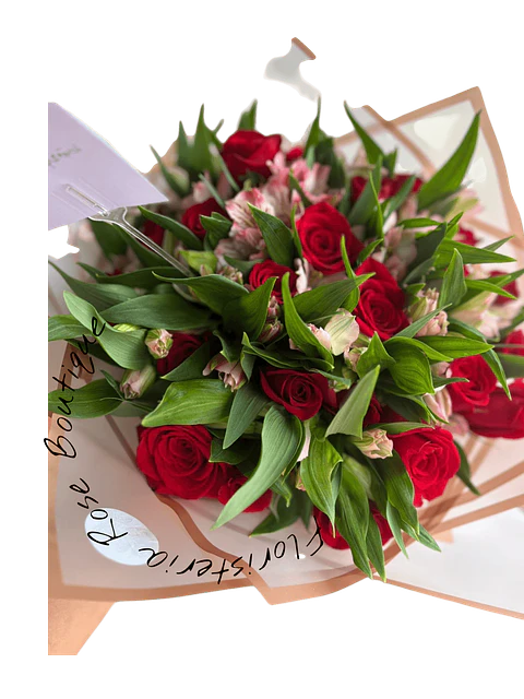 Bouquet de 12 Rosas Rojas con Astromelia Rosada