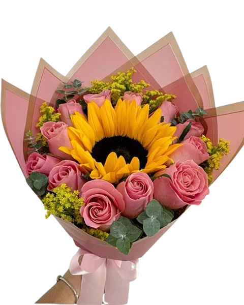 Bouquets un Girasol y 12 Rosas Rosadas