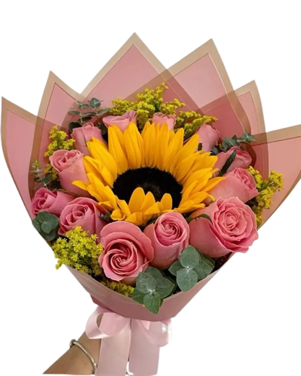 Bouquets un Girasol y 12 Rosas Rosadas 1