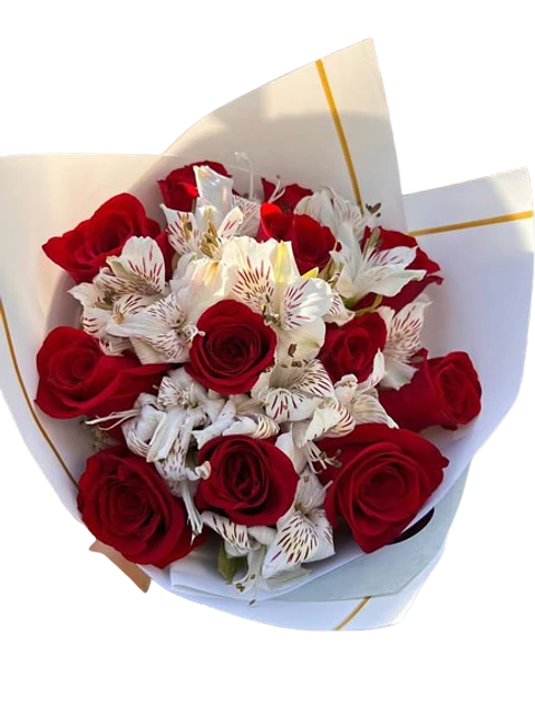 Bouquet de 12 Rosas Rojas y Astromelia