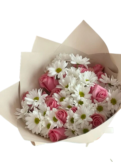 Bouquet de 12 Rosas Rosadas y Margaritas