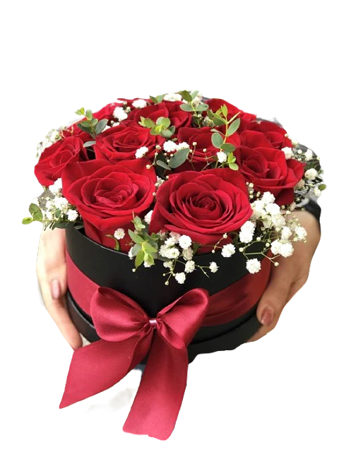 Caja Cilindro con 8 Rosas Rojas y Follajes