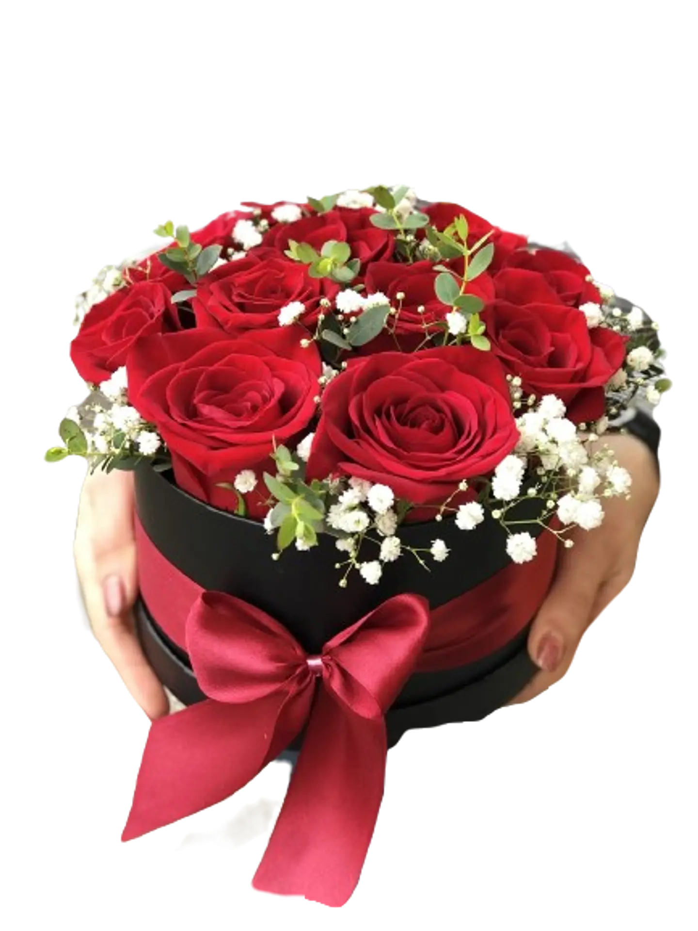 Caja Cilindro con 8 Rosas Rojas y Follajes 1