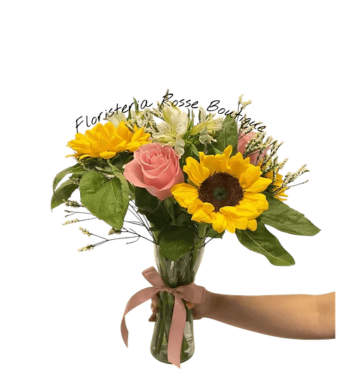 Jarrón de Girasoles Rosas Astromelias