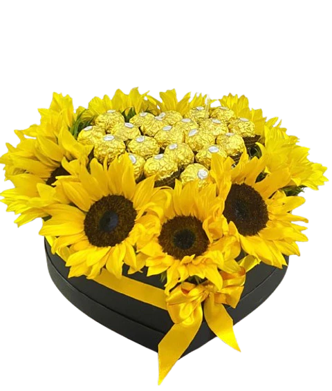 Corazón Negro de 12 Girasoles y 20 Chocolates Ferrero