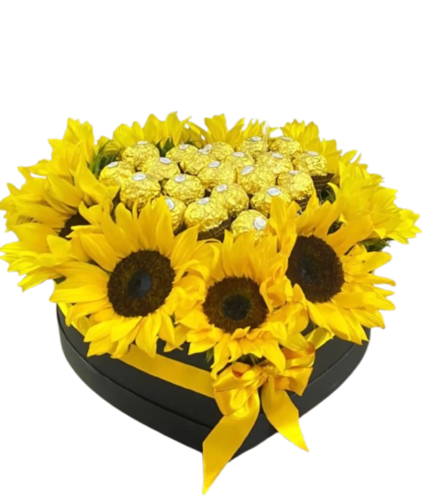 Corazón Negro de 12 Girasoles y 20 Chocolates Ferrero 1