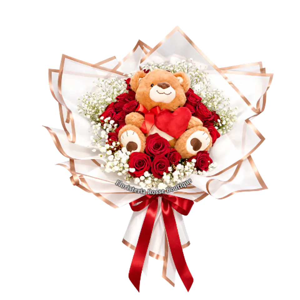 Bouquet de 40 Rosas con Peluche Central Abrazo Eterno 1