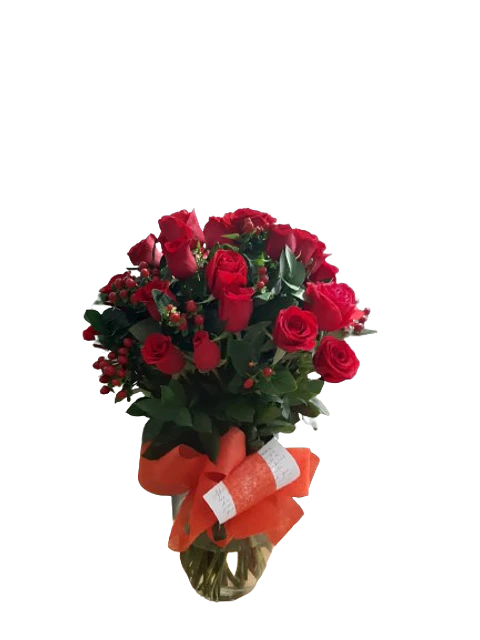 Jarrón de 24 Rosas Rojas con Follajes Vdrdes y Rojos