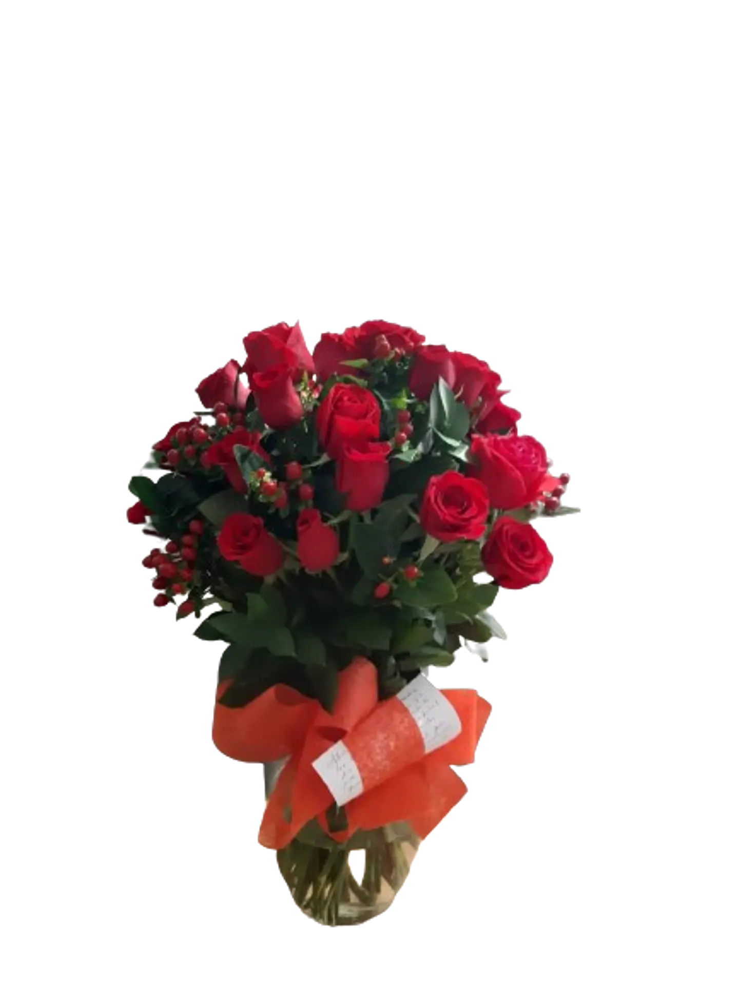 Jarrón de 24 Rosas Rojas con Follajes Vdrdes y Rojos 1