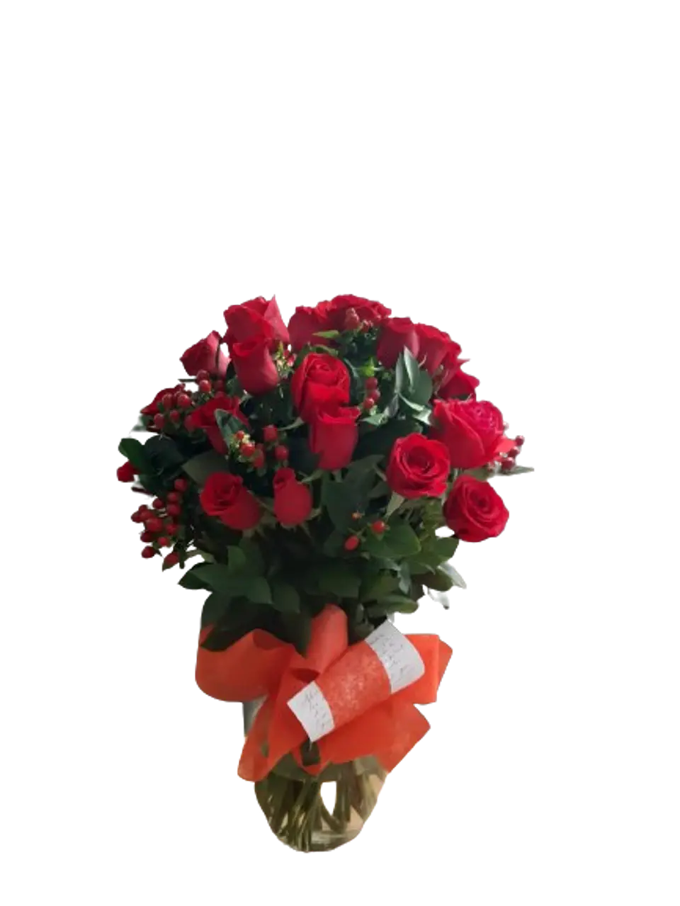 Jarrón de 24 Rosas Rojas con Follajes Vdrdes y Rojos 1