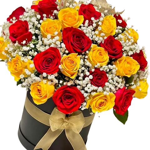 Caja de 30 Rosas Amarillas y Rojas