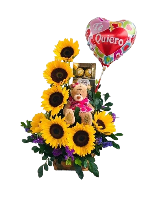 Arreglo Floral de Girasoles con Peluche y Chocolates X8