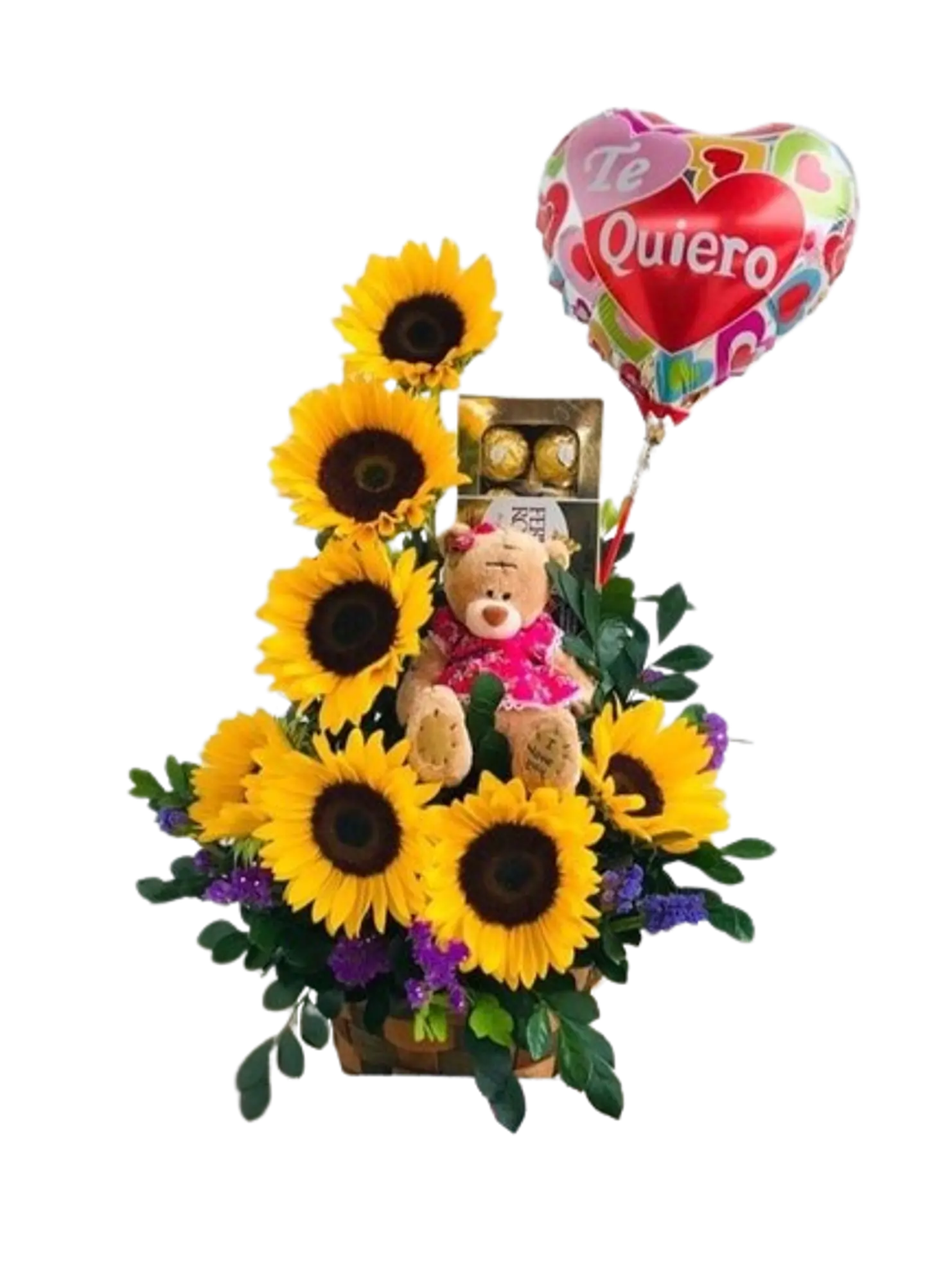 Arreglo Floral de Girasoles con Peluche y Chocolates X8 1