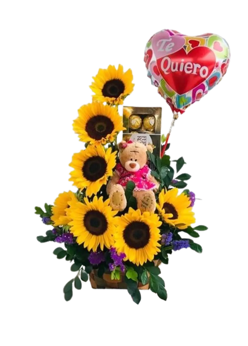 Arreglo Floral de Girasoles con Peluche y Chocolates X8 1