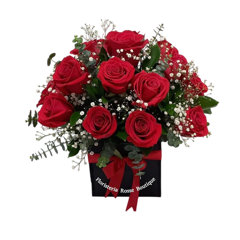Caja Cuadrada de 24 Rosas Rojas con Follajes