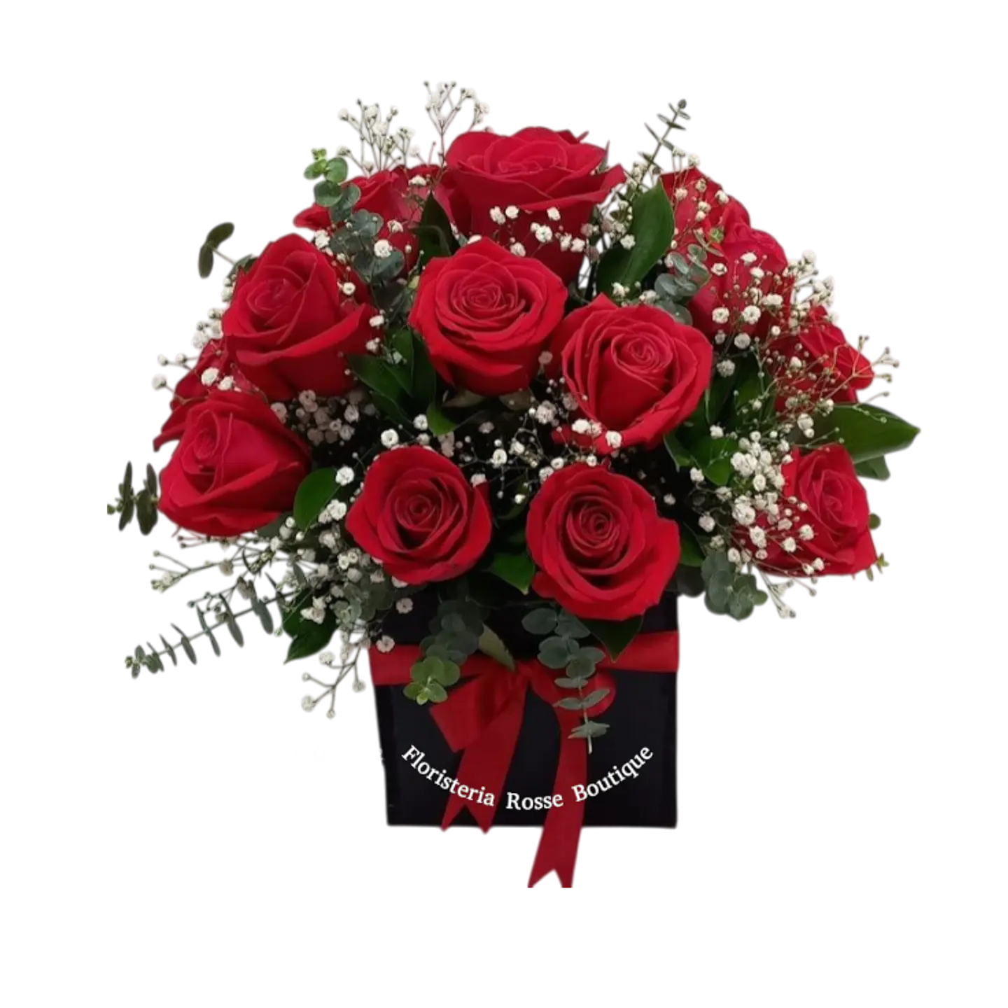 Caja Cuadrada de 24 Rosas Rojas con Follajes 1