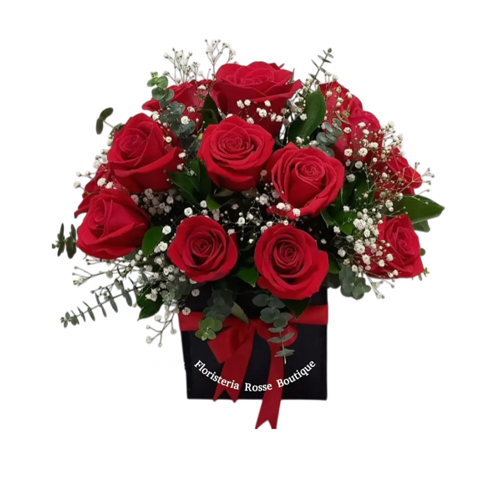 Caja Cuadrada de 24 Rosas Rojas con Follajes 1