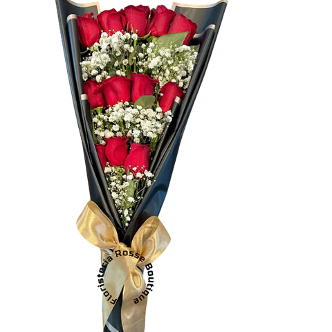 Bouquet de 12 Rosas Rojas en Cascada Papel Coreano Negro