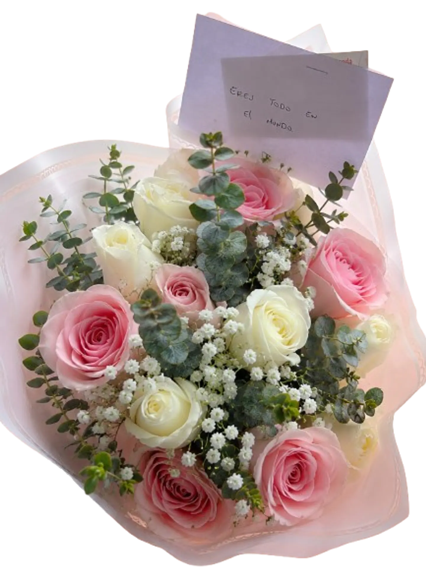 Bouquet de 12 Rosas Rosadas y Blancas con Follajes 1