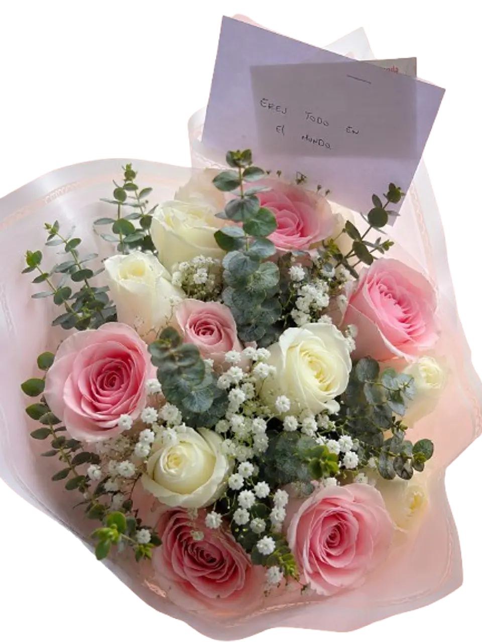 Bouquet de 12 Rosas Rosadas y Blancas con Follajes 1