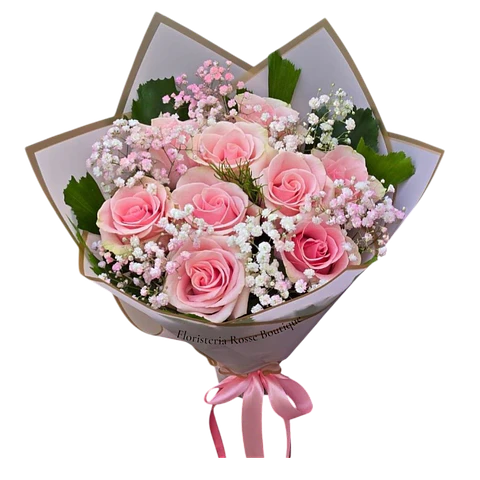 Bouquet de 12 Rosas Rosadas con Gypsophila