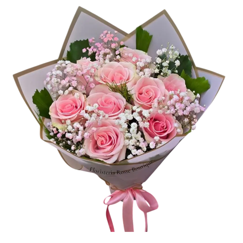 Bouquet de 12 Rosas Rosadas con Gypsophila 1