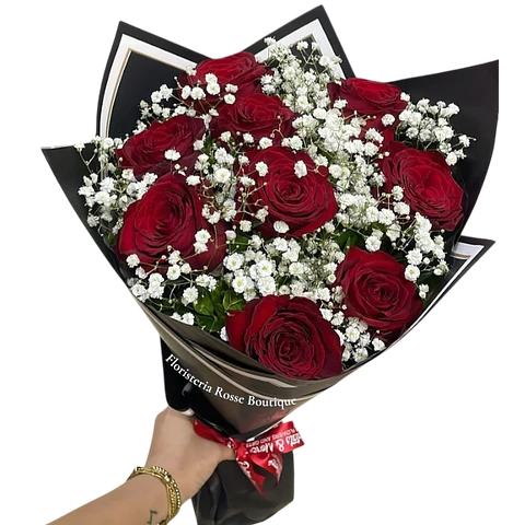 Bouquet de 12 Rosas Rojas con Gypsophila