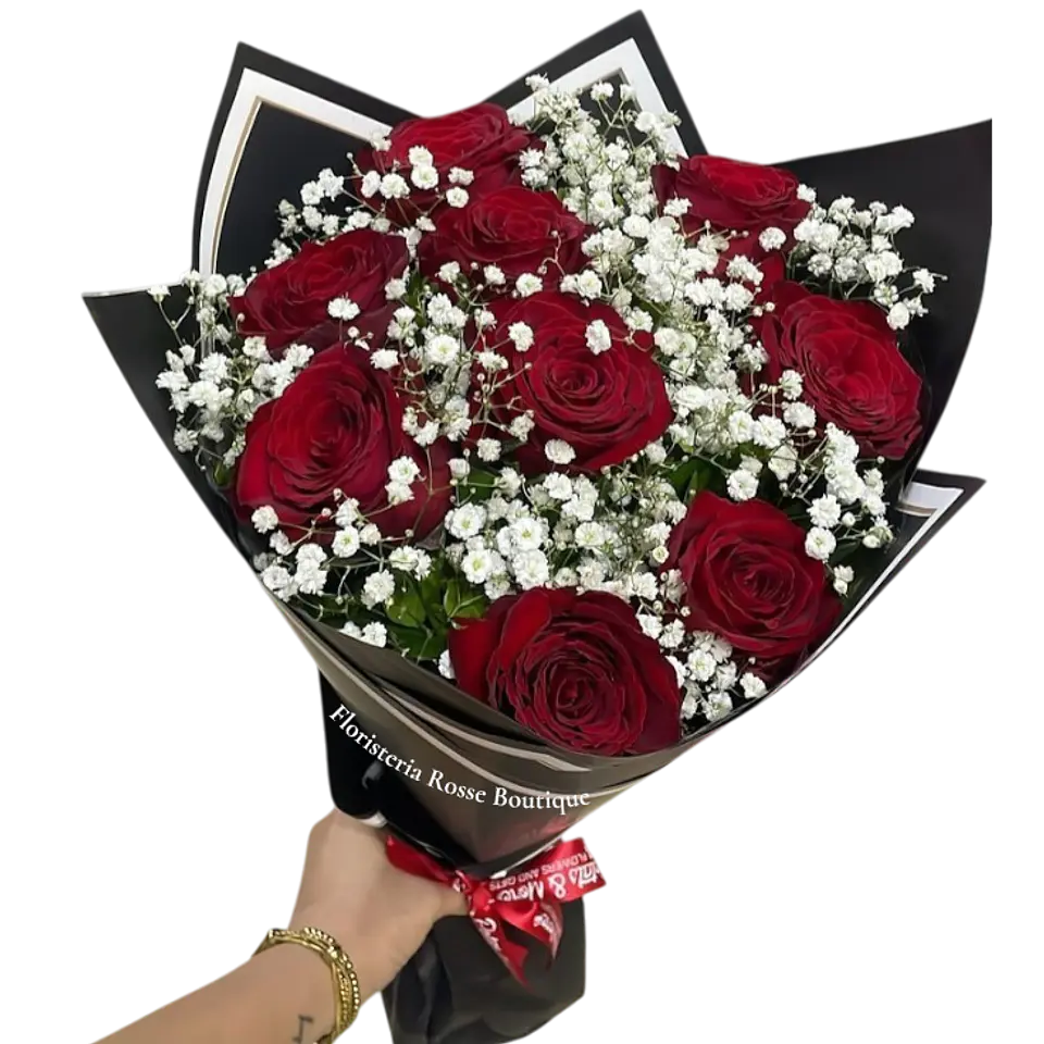 Bouquet de 12 Rosas Rojas con Gypsophila 1