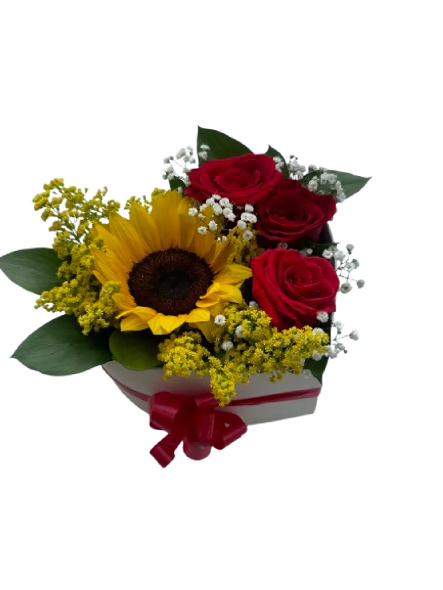Caja Corazón de 3 Rosas Rojas y un Girasol 1