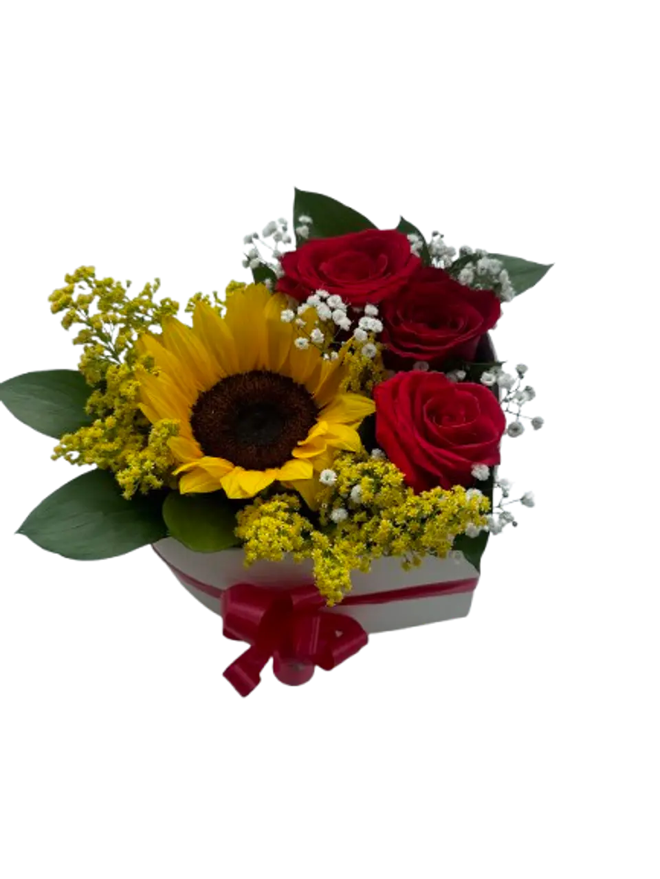 Caja Corazón de 3 Rosas Rojas y un Girasol 1