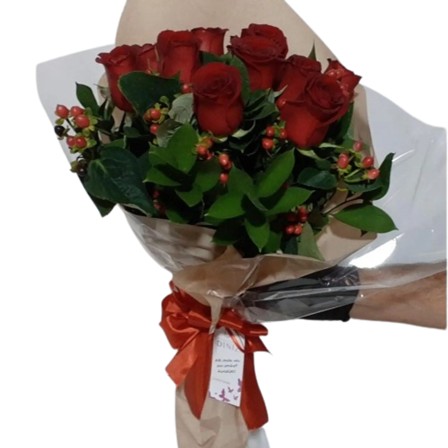 Bouquet de 20 Rosas con Follajes Verdes y Rojos 1