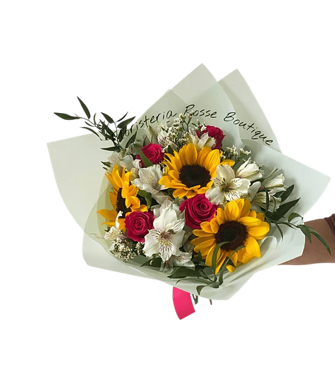 Bouquet de 4 Rosas Rojas 3 Girasoles Astromelias