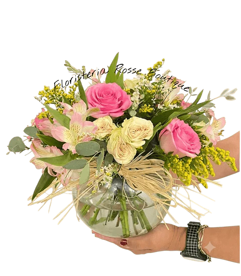 Jarrón Pecera de Rosas y Astromelias