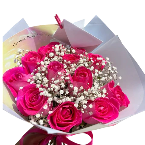 Bouquet de 12 Rosas Fucsias Gypsophila