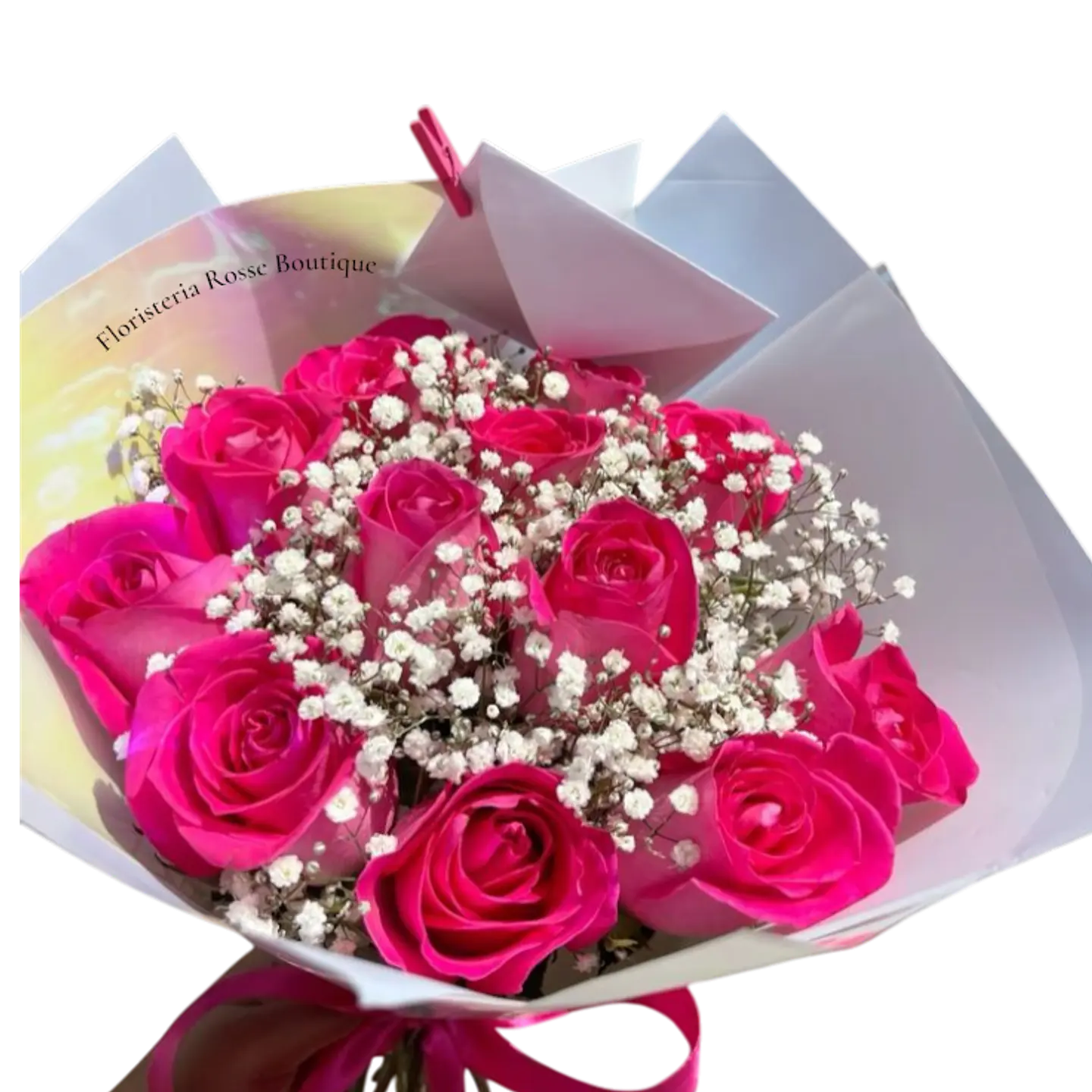 Bouquet de 12 Rosas Fucsias Gypsophila 1