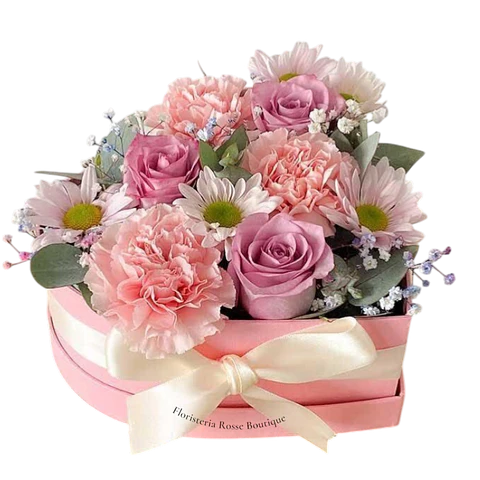 Caja Pequeña con 3 Rosas, Claveles y Margaritas