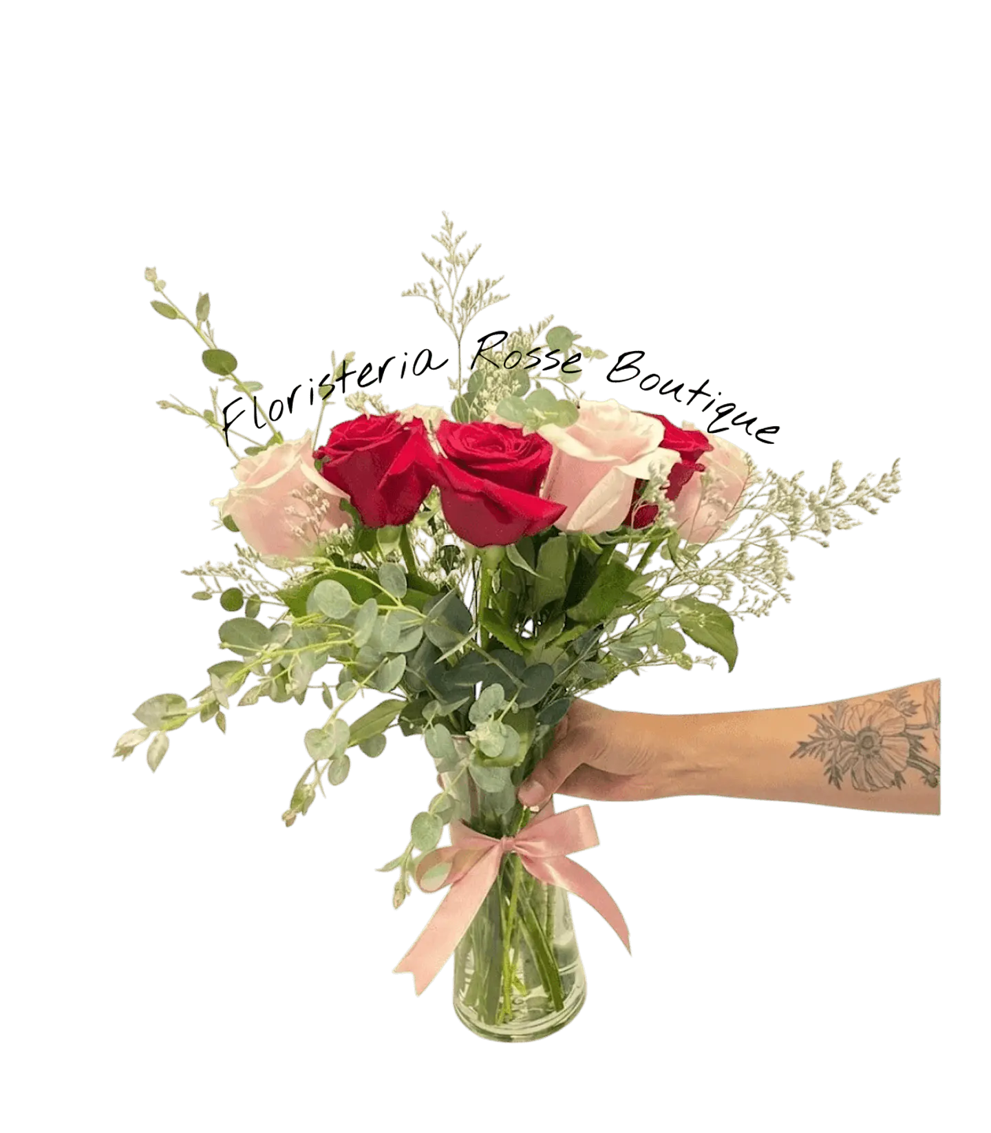 Jarrón de 6 Rosas Rosadas y Rojas con Follajes 1