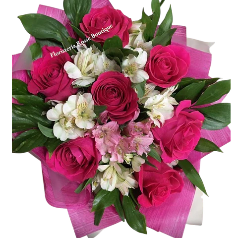 Bouquet de 8 Rosas Fucsiasy Astromelias
