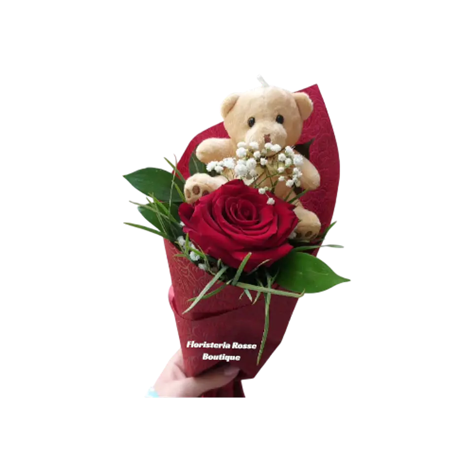 Unidad de Rosa Roja con Peluche Pequeño 1
