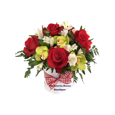 Caja de 8 Rosas y 5 Tallos de Orquídea Cymbidium